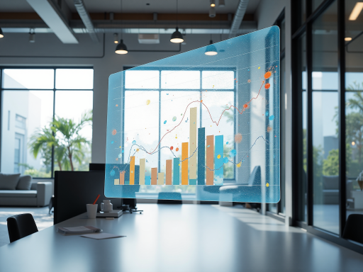 商务办公场景，现代化办公室内商务人士正在电脑前工作，展示数据分析界面，蓝色背景，明亮自然光