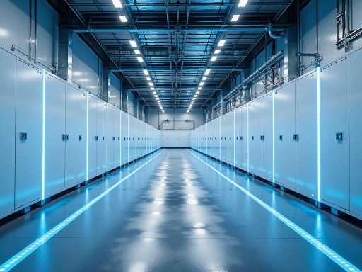 现代化数据中心内部,服务器机柜整齐排列,蓝色灯光效果,科技感十足